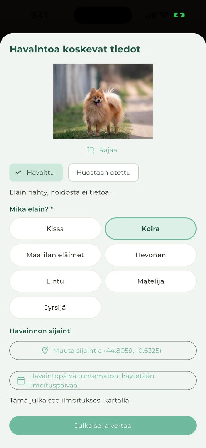 Ilmoita eläinhavainnosta